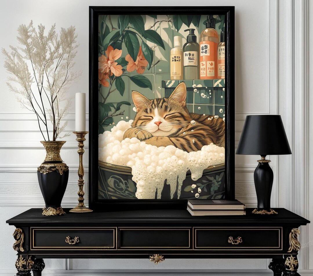Funny Japanese Animal Cat Wall Art — Cute Ukiyo-e Style Print for ...