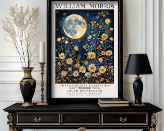 May include: A vintage poster advertising a William Morris Cotton Prints Exhibition at the South Kensington Museum in London. The poster features a full moon and a field of flowers in shades of gold and blue.