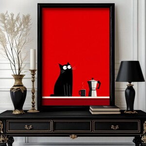 Black Cat Coffee Wall Art Print, Retro Kitchen Poster, Coffee Lover Gift, Cat Lover Decor, Moka Pot Art ,  Cute Cat Illustration Gift (AC_6)