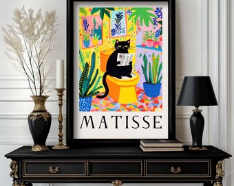 Schwarze Katze in Badewanne und Toilette Poster: Matisse Style Badezimmer Wandkunst.  Bunter Kunstdruck für Badezimmer oder Wohndekor (c018)