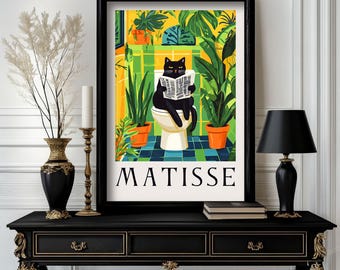 Schwarze Katze in Badewanne und Toilette Poster: Matisse Style Badezimmer Wandkunst.  Bunter Kunstdruck für Badezimmer oder Wohndekor (c019)