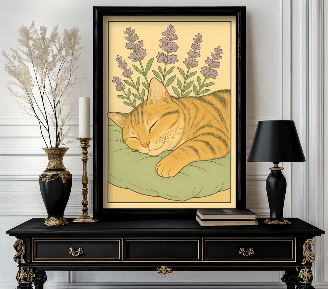 Funny Japanese Animal Sleeping Cat Wall Art — Cute Ukiyo-e Style Print ...