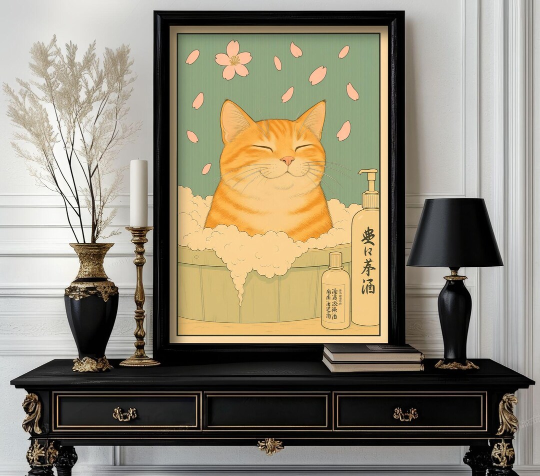 Funny Japanese Animal Tabby Cat Wall Art — Cute Ukiyo-e Style Print for ...
