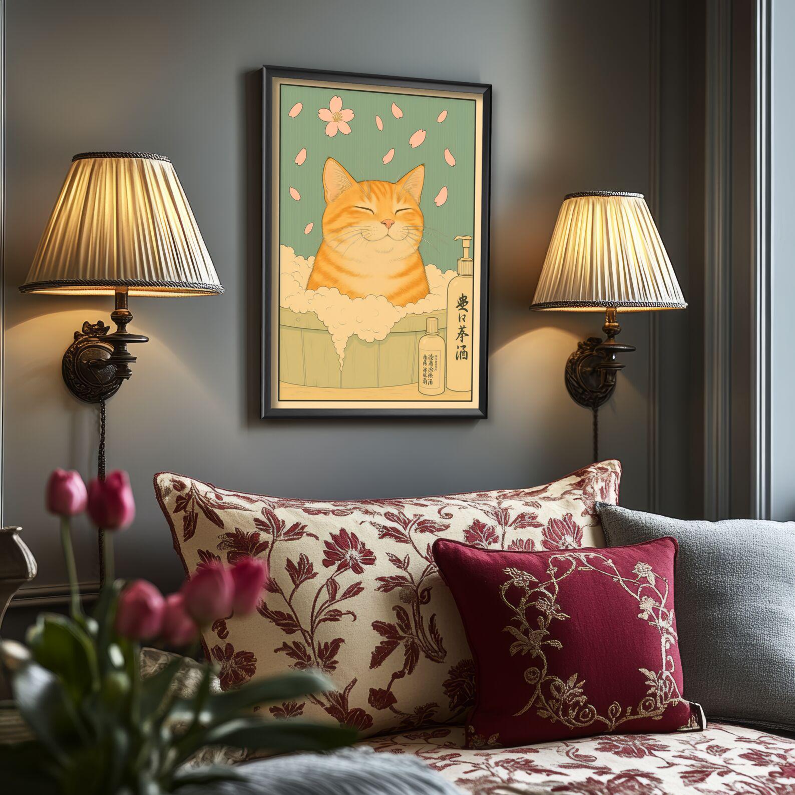 Funny Japanese Animal Tabby Cat Wall Art — Cute Ukiyo-e Style Print for ...