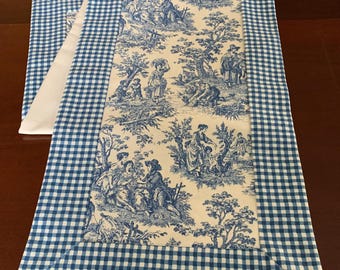 Cornflower Blue Toile Table Runner: French Country Check Border, 34x14