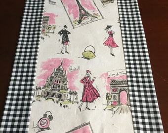 Paris Toile Table Runner: Black & White Check Border, French Models 42x14
