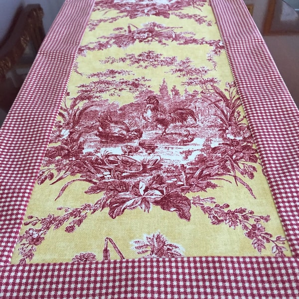 Waverly La Petite Ferme Red Spice and Yellow Bordered with  Small Check, French Country Rooster Toile Cotton Table Runner by ThemeRunners