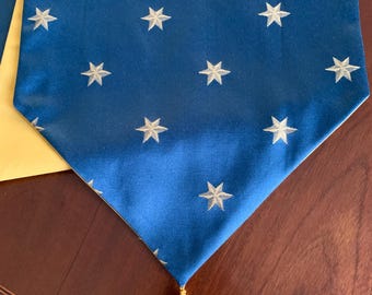 Navy Blue Table Runner: Gold Stars, Patriotic Decor with Tassels