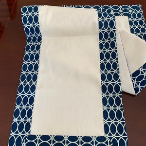Geometric Table Runner: Curl Up Lapis, Dark Blue & Off-White (70x14)