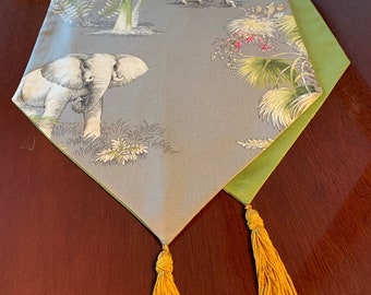 P/Kaufman Congo Mink Jungle 46&quot;x12.5&quot; Animal Print, Palm Trees and Plants, Zebras, Elephants and Tigers Cotton Table Runner by ThemeRunners
