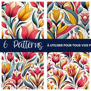 6 Motifs Floraux Colorés, patterns modernes rouges & jaunes, fichiers digitaux à imprimer pour projets créatifs