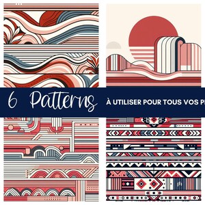 6 Patterns Géométriques Abstraits, motifs digitaux modernes rouge & bleu vintage, fichiers à imprimer pour projets créatifs