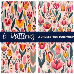 6 Motifs Floraux Graphiques, patterns tulipes & fleurs stylisées sur fond rose, fichiers digitaux pour projets créatifs