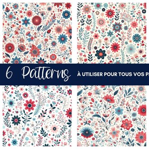 6 Motifs Floraux Rouges & Bleus, patterns digitaux expressifs, fichiers à imprimer pour projets créatifs et visuels Canva