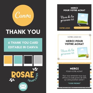 6 Cartes Merci Canva, Thank You Cards personnalisables, Design illustré fleurs & abeilles