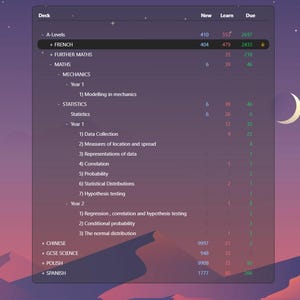 May include: A screenshot of a digital planner with a list of subjects and their corresponding due dates. The subjects include A-Levels, French, Further Maths, Maths, Mechanics, Statistics, Chinese, GCSE Science, Polish, and Spanish. The planner also shows the number of new items, items to learn, and items due for each subject.
