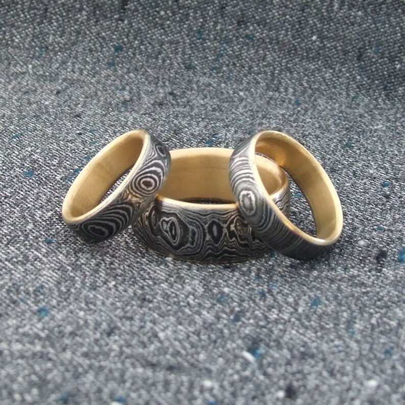 Damascus Wedding Band Set with 18k Gold Liners Etsy