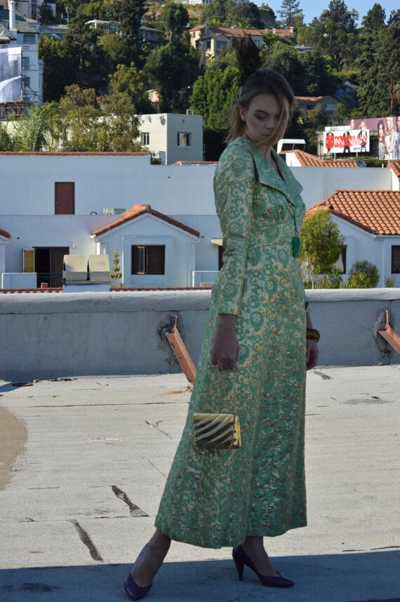 Green Brocade Gown - mint green - 1960's vintage -