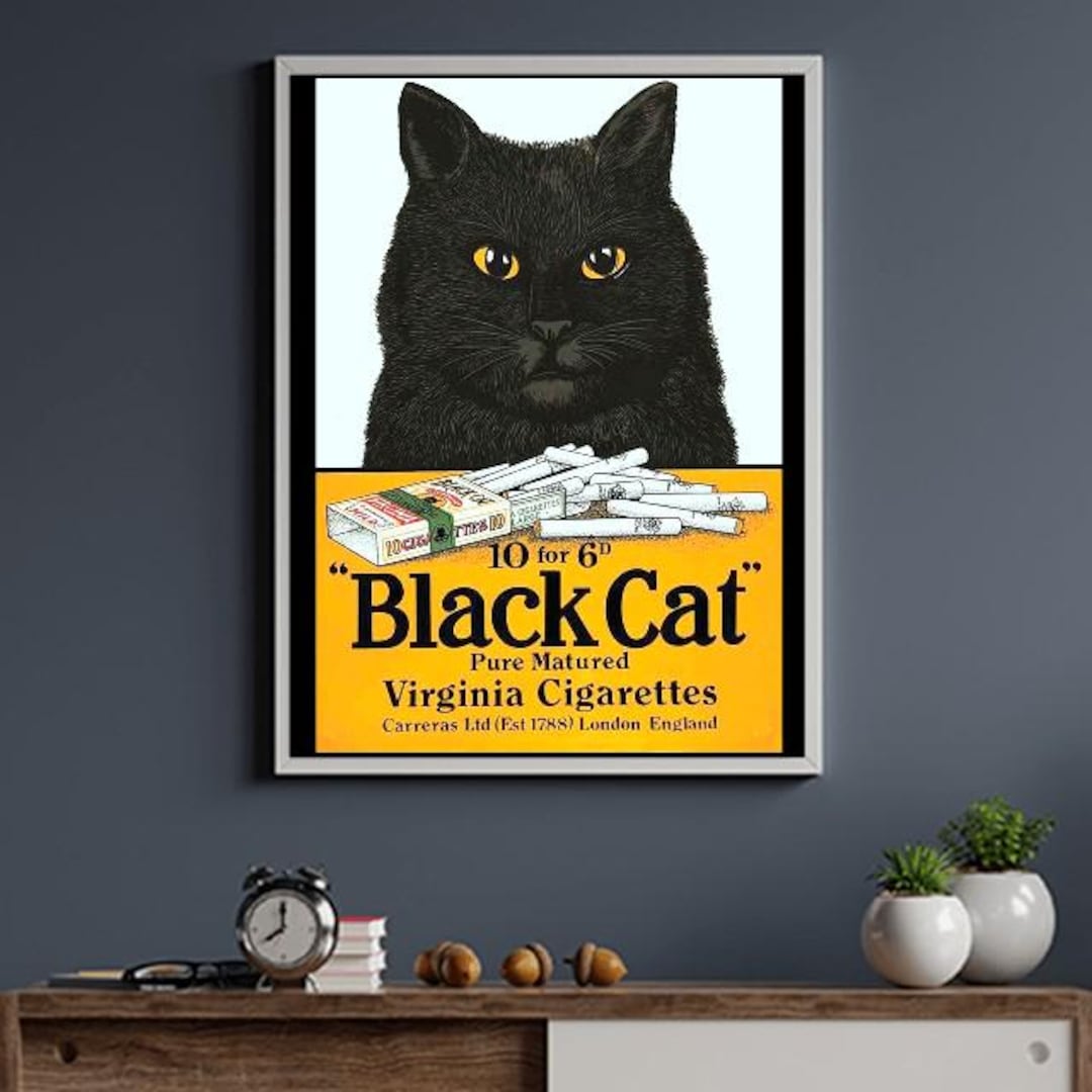 black cat cigarettes poster Vintage Smoking Cigarette  Retro Whimsical Animal Wall Art Print for Bar Cart, Kitchen to last and not to rust Black Cat Smoking a Cigarette