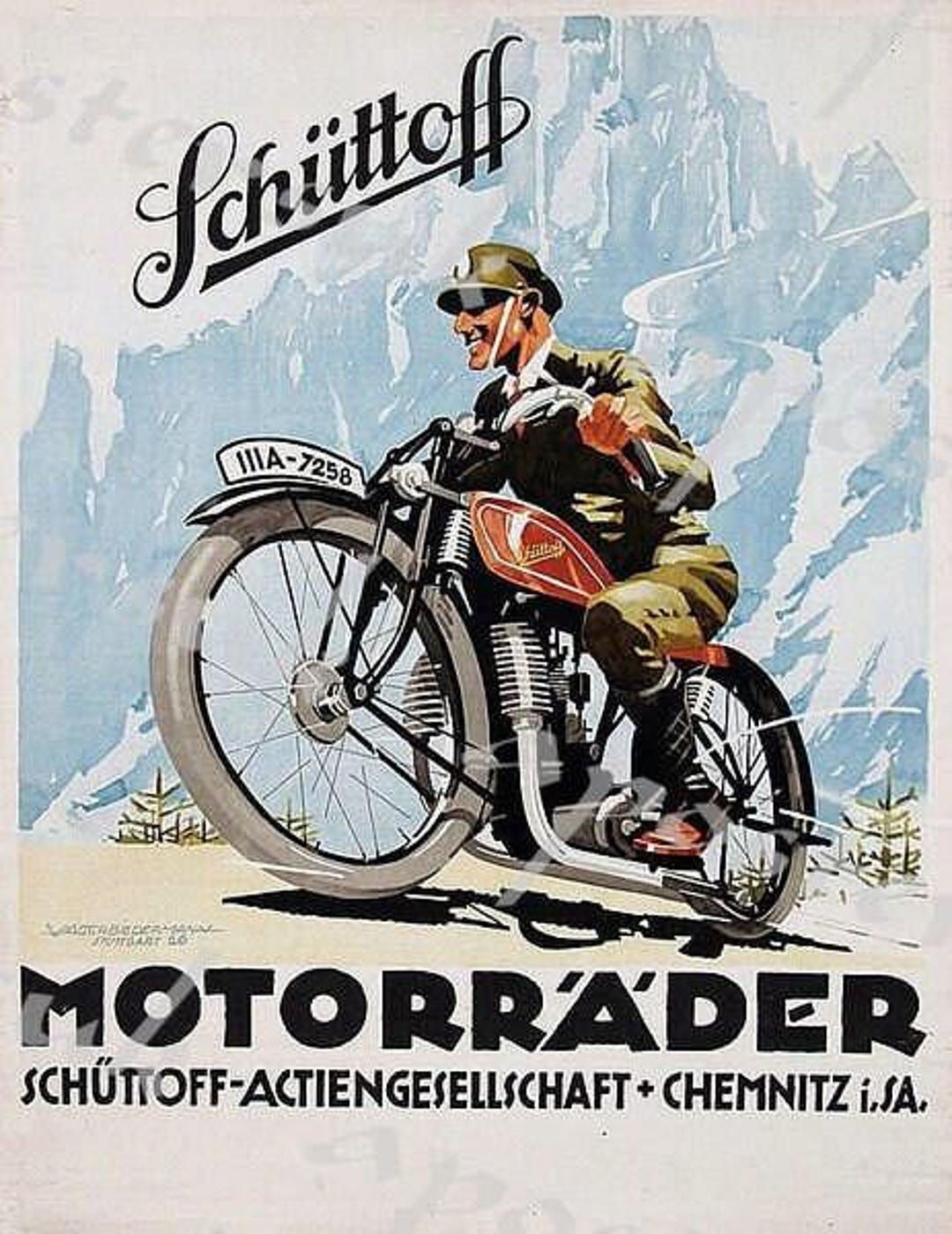 Vintage Swiss German Schutoff Motorcycle Advertisement Poster A3