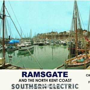 May include: Vintage travel poster for Ramsgate and the North Kent Coast, featuring sailboats in a harbor. The poster has text that reads "It's Quicker by Rail" and "Cheap Fares and Frequent Trains."