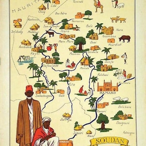 Könnte beinhalten: Vintage Karte von Sudan mit Illustrationen von Dörfern, Menschen und Tieren. Die Karte enthält die Texte "MAURITANIE" und "SOUDAN" mit einem Banner "REGION QUEST". Die Karte ist in warmen, erdigen Farbtönen gehalten, mit Messungen in cm.