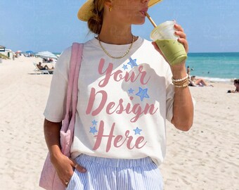 Comfort Colors 1717 Ivory Tshirt Mockup, Beach T Shirt Mockup, Summer Aesthetic Tee Mockup, Trendy Coastal Lifestyle Mockup, C1717 Mockup
