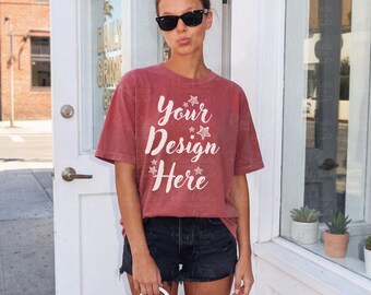 Comfort Colors C1717 Crimson Tshirt Mockup, Maroon Shirt Mockup, Street Style T-Shirt Mockup, Fashion Girl Mockup, Summer Outfit Mockup