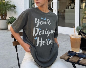 Comfort Colors C1717 Pepper Mockup, Dark Grey Oversized T-Shirt Mockup, Coffee Shop Lifestyle Tee, Minimal Aesthetic Shirt Mockup