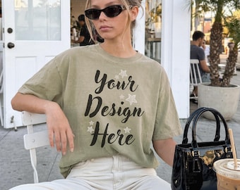 Comfort Colors C1717 Khaki Mockup, Neutral T Shirt Mockup, Trendy Coffee Aesthetic Tee Mockup, Oversized Shirt Mockup, Lifestyle Mockup