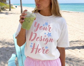 Comfort Colors 1717 White Mockup Close Up, Beach T Shirt Mockup, Summer Aesthetic Tee Mockup, Coastal Lifestyle Mockup, C1717 Mockup