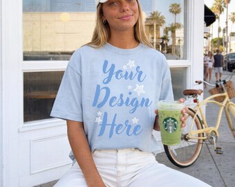 Comfort Colors C1717 Chambray Tshirt Mockup, Coastal Blue T Shirt Summer Mockup, Aesthetic Tee Mockup, Lifestyle Mockup, Beachside Vibe