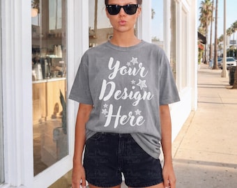 Comfort Colors 1717 Grey Mockup, Coastal Street Style T Shirt Mockup, Minimal Aesthetic Tee, Lifestyle Mockup, C1717 Tshirt Mockups