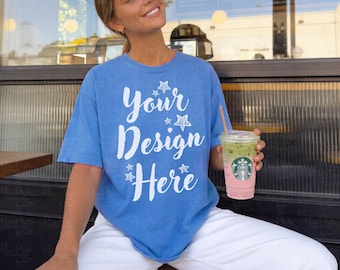 Comfort Colors C1717 Flo Blue Tshirt Mockup, Blue Shirt Mockup, Coffee Lifestyle T-Shirt Mockup, Casual Summer Mockup, Aesthetic Trendy Tee
