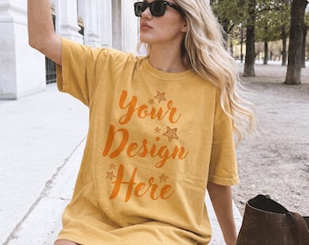 Comfort Colors C1717 Mustard Tshirt Mockup, Yellow T Shirt Mockup, Oversized Tee Mockup, Aesthetic Shirt Mockup, Lifestyle Mockup POD Seller