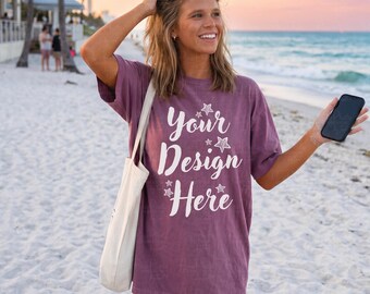 Comfort Colors C1717 Berry Mockup, Beach Sunset Shirt Mockup, Coastal Girl T-Shirt Mockup, Summer Lifestyle Mockup, Pink Tee