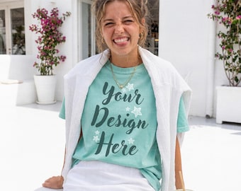 Comfort Colors C1717 Island Reef Mockup, Green Shirt Mockup, Summer Lifestyle T-Shirt Mockup, Coastal Girl Aesthetic, Beach Mockup