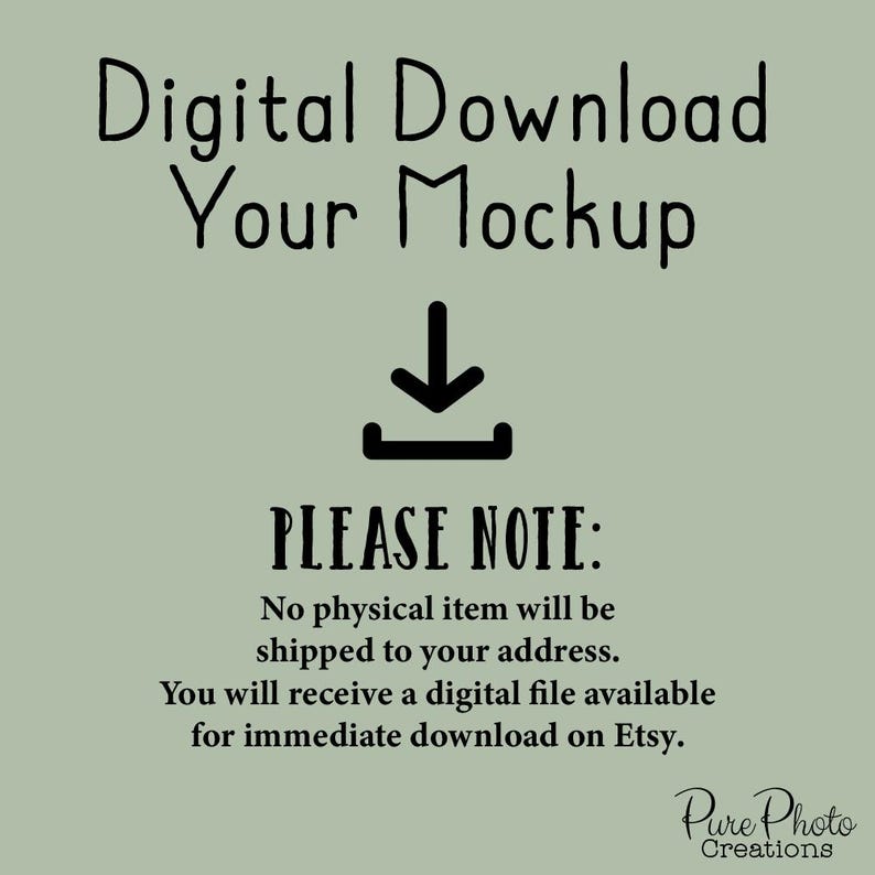 Pode incluir: Um gr&aacute;fico de download digital com fundo verde e uma seta de download preta. O texto diz "Download digital Sua maquete" e "OBSERVE: Nenhum item f&iacute;sico ser&aacute; enviado para o seu endere&ccedil;o. Voc&ecirc; receber&aacute; um arquivo digital dispon&iacute;vel para download imediato no Etsy."