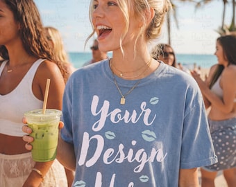 Blue Jean Comfort Colors 1717 Mockup, Beach Girl Shirt Mockup, Summer Lifestyle Tee Mockup, Matcha Girl Tshirt Mockup