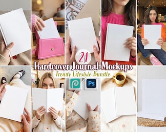 21 Hardcover Journal Mockups Bundle | Open Notebook Mockup | Printify and POD Ready | Feminine Trendy Lifestyle, Editable Spine | PSD & JPG