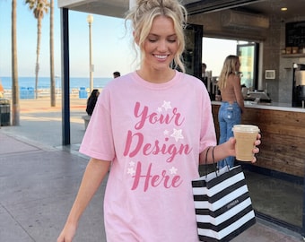 Blossom Comfort Colors Tshirt Mockup C1717, Pink Coastal Girl Shirt Mockup, Beach Coffee Lifestyle Tee Mockup, Summer T-Shirt Mockup