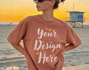 Comfort Colors C1717 Yam Mockup, Beach Sunset Tee Photo, Coastal Summer Shirt Mockup, Relaxed Lifestyle T-Shirt Image, Girls Vacation