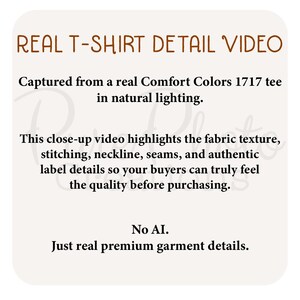 May include: A white background with text that reads "REAL T-SHIRT DETAIL VIDEO." The text describes a close-up video highlighting fabric texture, stitching, neckline, seams, and label details. The text also states "No AI. Just real premium garment details."