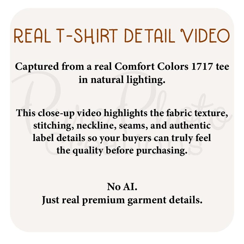 May include: A white background with text that reads "REAL T-SHIRT DETAIL VIDEO." The text describes a close-up video highlighting fabric texture, stitching, neckline, seams, and label details. The text also states "No AI. Just real premium garment details."