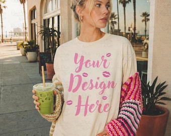 Ivory Comfort Colors 1717 Mockup, Oversized Shirt Mockup, Coastal Summer Tee Mockup, Lifestyle Beach Tshirt Mockup, POD T-Shirt Mockups