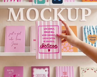 Hardcover Journal Collection Mockup, Group of Journals Mockup, Front Cover PSD JPG, Printify Compatible, Feminine Multiple Notebook Scene