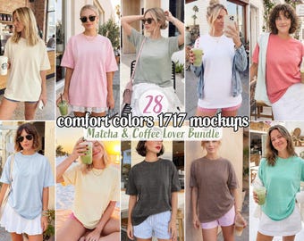 Comfort Colors 1717 T-Shirt Mockup Bundle, Matcha & Coffee Lover T-Shirt Photos, Lifestyle c1717 Shirt Mockup Pack, Spring / Summer Tees