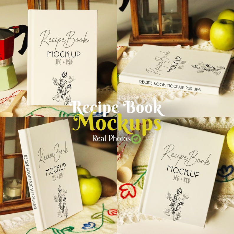 Puede incluir: Cuatro maquetas de libros de recetas blancos con el texto "Recipe Book Mockup JPG+PSD" en la portada. Los libros est&aacute;n dispuestos sobre una superficie blanca con una cuchara de madera, manzanas verdes y una toalla blanca con bordados rojos.