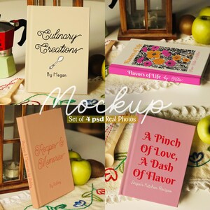 Puede incluir: Cuatro maquetas de libros de cocina diferentes con varios t&iacute;tulos y dise&ntilde;os. Las cubiertas son rosas, beige y melocot&oacute;n. Los libros est&aacute;n sobre una mesa con un mantel blanco y una cuchara de madera.
