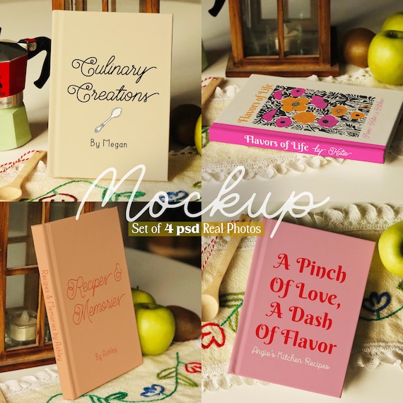 Mockup Kitchen Recipe Book Bundle, 5x7" Hardcover Journal, Editable Binding Spine Real Photo Mockups, Photoshop Photopea PSD Smart Object